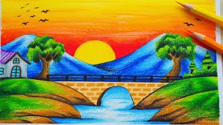 วาดรูปธรรมชาติ พระอาทิตย์ตกดิน (สีไม้) || How to Draw Landscape with color Pencil /Drawing Landscape