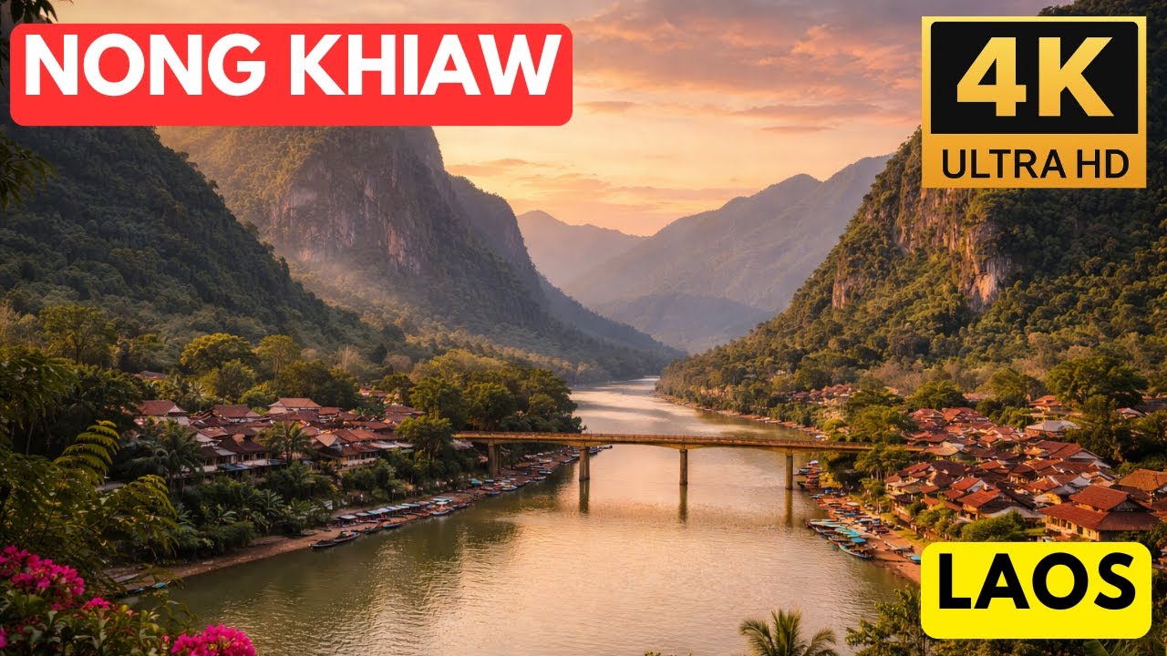 Nong Khiaw, Laos - Sunset Walking Video [4K, no commentary]