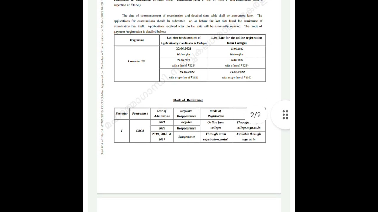 University news. KU & MGU.11 June 2022. MG Degree CBCS 1st sem fee notification. possible exam date