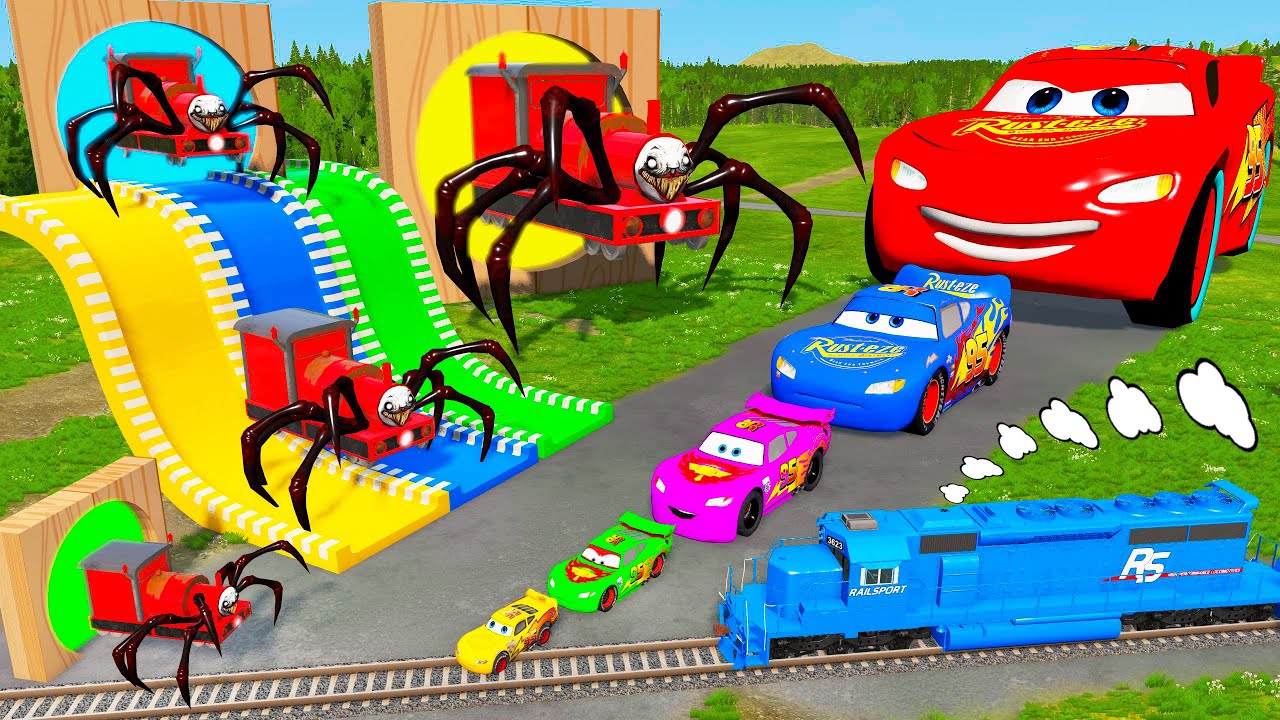 Big & Small Choo-Choo Charles vs Mcqueen - Slide Colors vs Trains vs Portal Trap | BeamNG.Drive #14