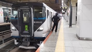[空笛・電笛あり]E257系 NA-03編成 特急湘南22号新宿行の返却回送が空笛・電笛を鳴らして新宿駅5番線を発車するシーン