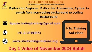 Python for Beginner, Python for Automation Day 1. Pls call or whatsappus on +91-9133190573 to enroll