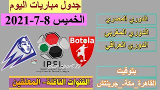 جدول مواعيد مباريات اليوم الخميس 8-7-2021 والقنوات الناقلة والمعلقين بتوقيت القاهرة ومكة وجرينتش