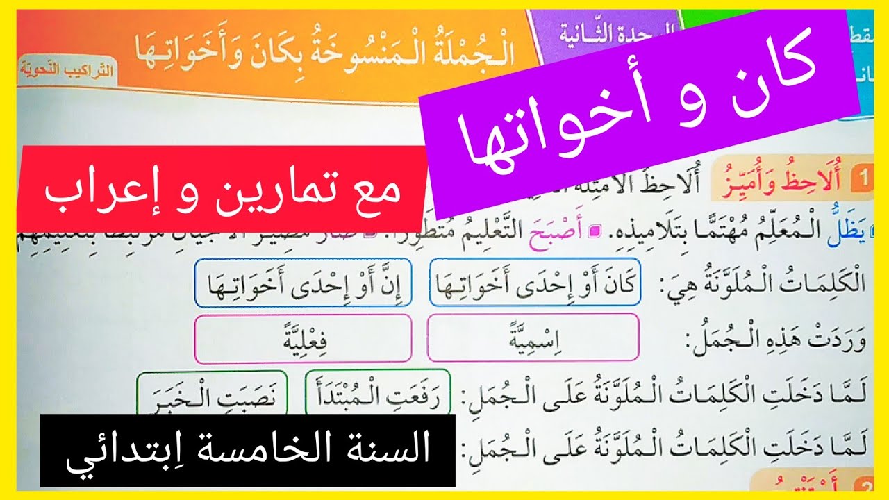 تمارين على الجملة المنسوخة بكان و أخواتها للسنة الخامسة اِبتدائي