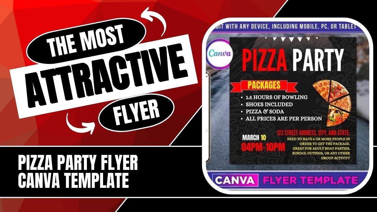 Pizza Party Flyer, Canva Template.