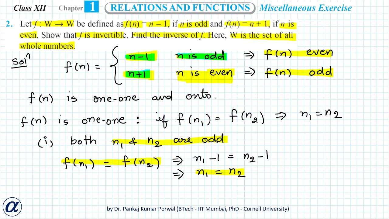 Q2 Misc Ex Ch 1 R F Xii Maths Let F W W Be Defined As F N N 1 If N Is Odd And F N N 1 Youtube