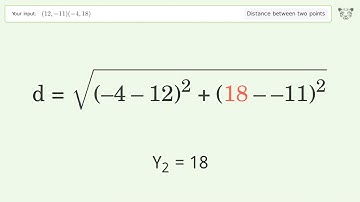 Find the distance between two points p1 (12,-11) and p2 (-4,18): Step-by-Step Video Solution