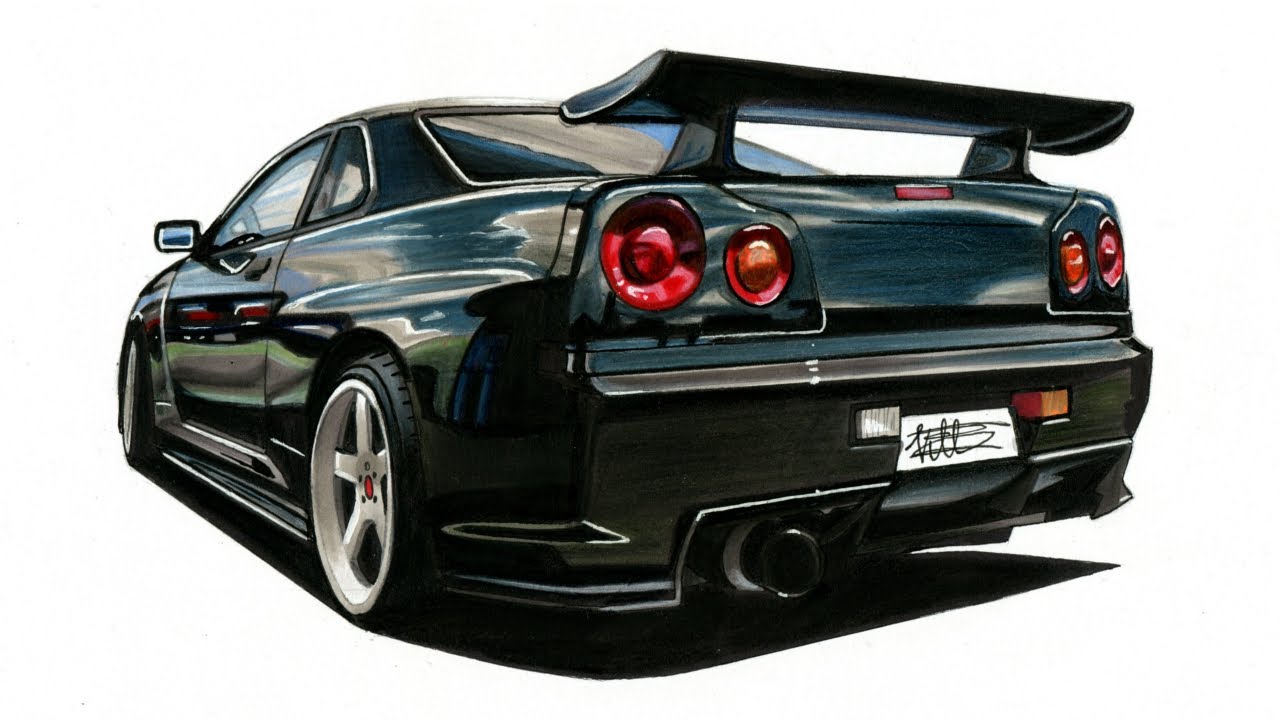 Realistic Car Drawing Nissan Skyline R34 Gtr Time Lapse Drawing Ideas Youtube