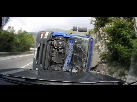 Truck flips and slides head on