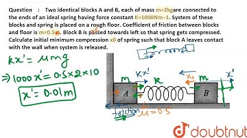 Two identical blocks A and B, each of mass m=2kg are connected to the ends of an ideal spring ha...
