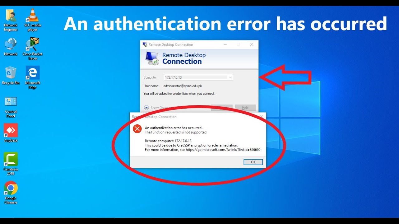A connection error has occurred. Error connect RDP. CREDSSP.
