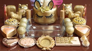 Mixing'Gold Unicorn'Eyeshadow, Makeup and glitter  Into Clear Slime. Most Satisfying Slime Video!