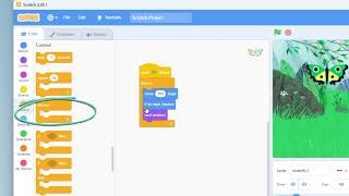 🦋 Scratch to show a butterfly flying across the stage with Forever loop and Sound block