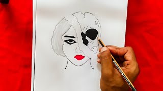 رسومات سهلة / تعليم رسم وجه بنت على شكل جمجمة خطوة بخطوة / how to draw a face