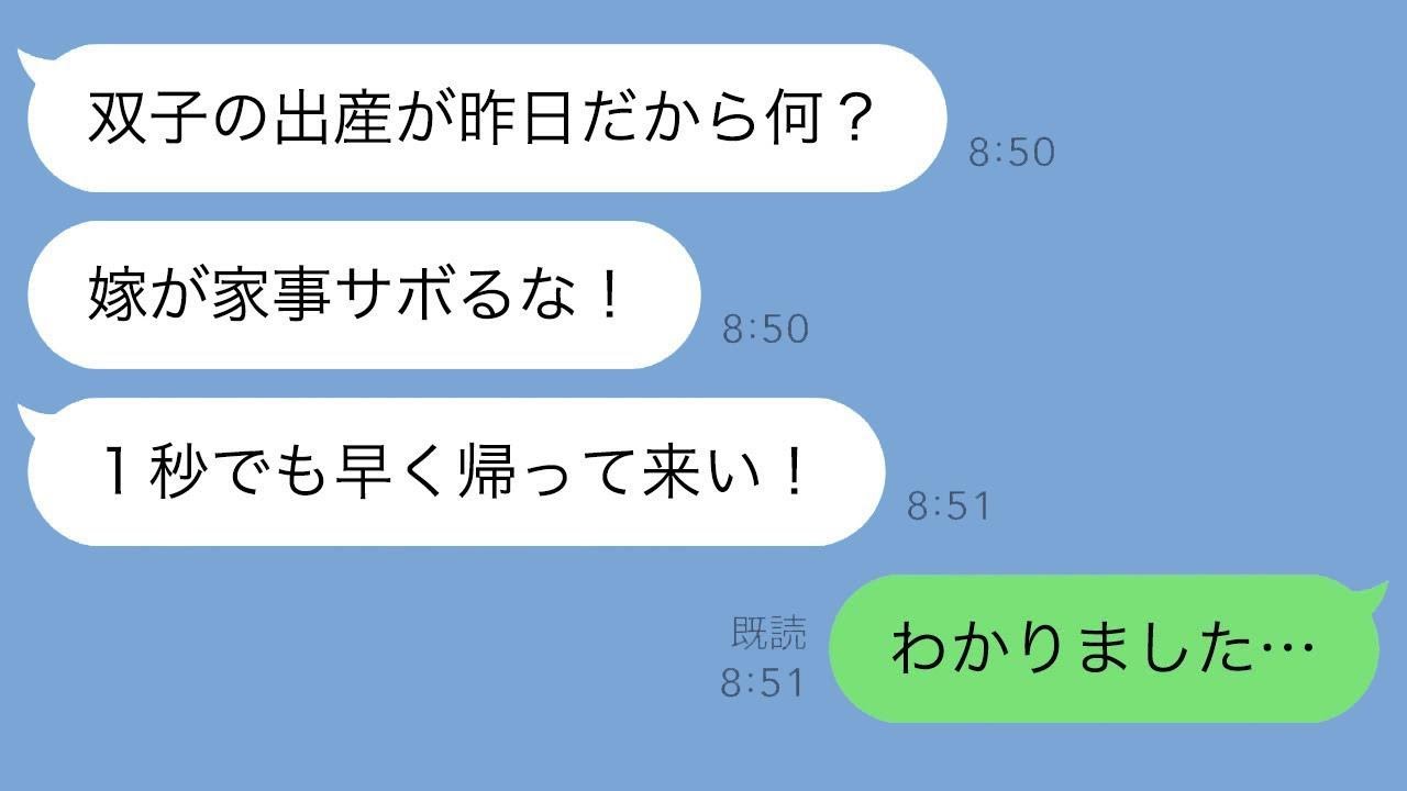 双子を産んだ翌朝、義母が「嫁は休むな！早く帰ってこい！」と言ったので、親戚全員を引き連れて期待に応えて帰宅した結果www【スカッとライン修羅場】
