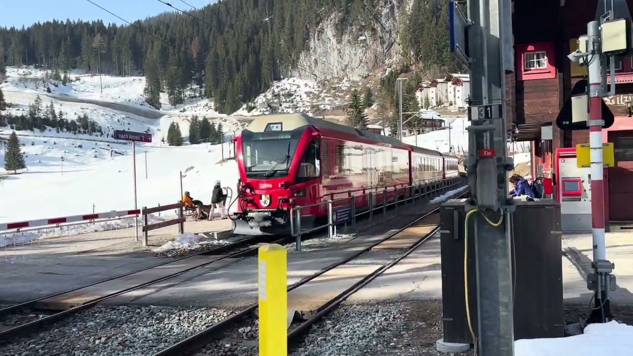 The beautiful Arosa Line. Litzirüti Station, 2 trains arriving 