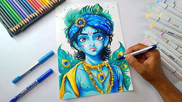 Lord Krishna Drawing Colour Pencils | Step By Step ( Janmashtami Drawing) 😍
