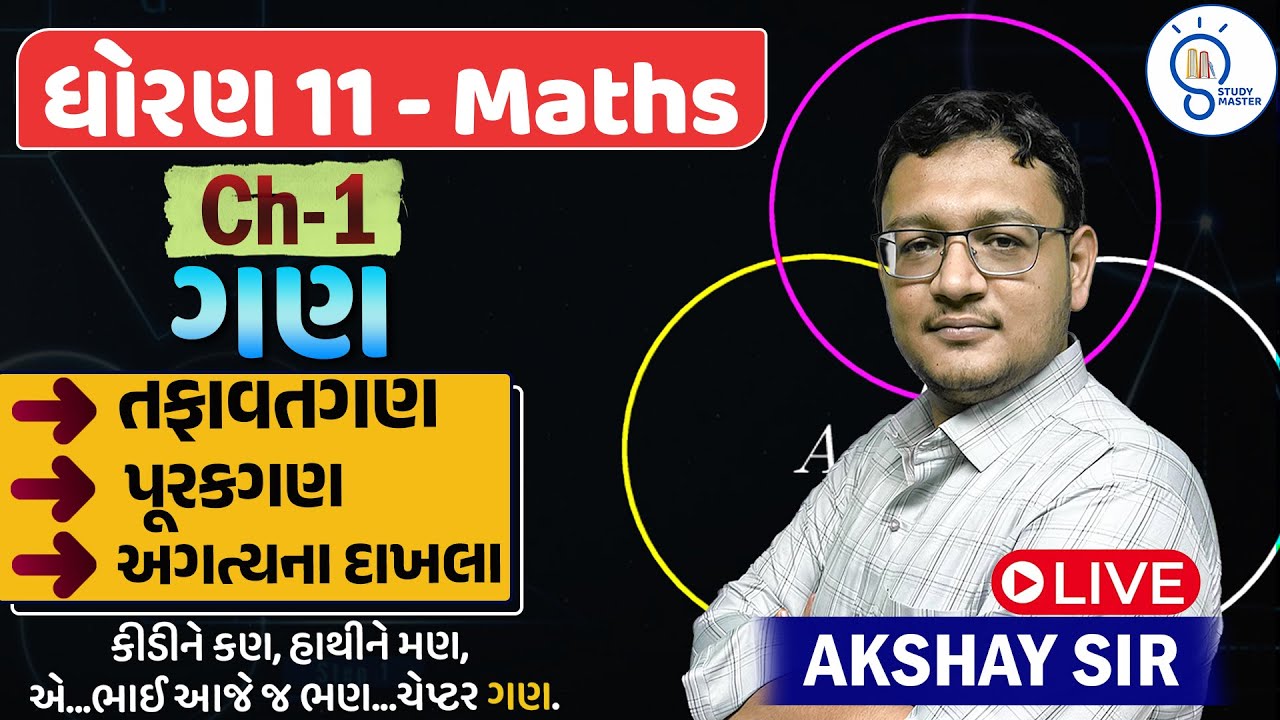 Std 11 Maths Chapter 1 ગણ (sets) | પૂરકગણ, અગત્યના દાખલા,MCQ | L- 2 ...