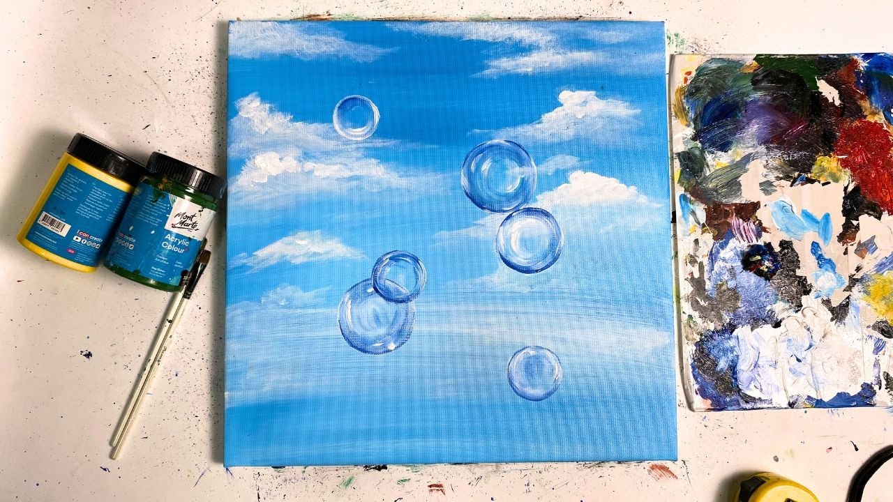 How to Paint Bubbles in the Blue Sky | Acrylic painting for beginners ...
