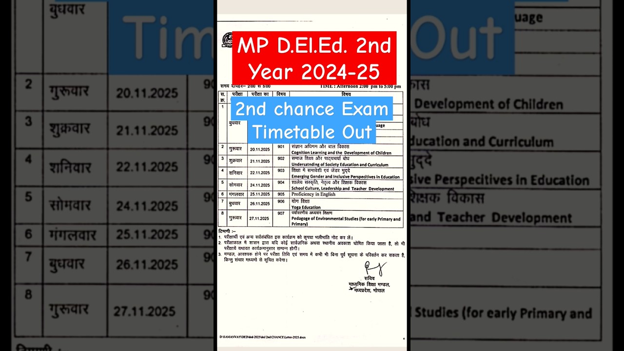 MP D.El.Ed. 2nd Year 2024-25 2nd chance exam timetable out 