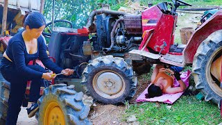 Mechanic girl repairs and restores broken tractor, mechanical genius girl, female mechanic