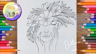 Hand Drawn Woman And Flowers Embroidered Canvas Art, Outline Art