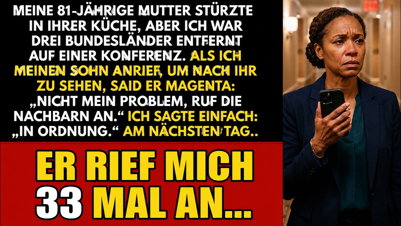 Ich stand auf einer Geschäftskonferenz, als mein Telefon zum vierten Mal vibrierte. Es war Jolanda, die Nachbarin meiner Mutter: „Deine Mama ist in der Küche gestürzt.“ Ich rief sofort meinen Sohn...