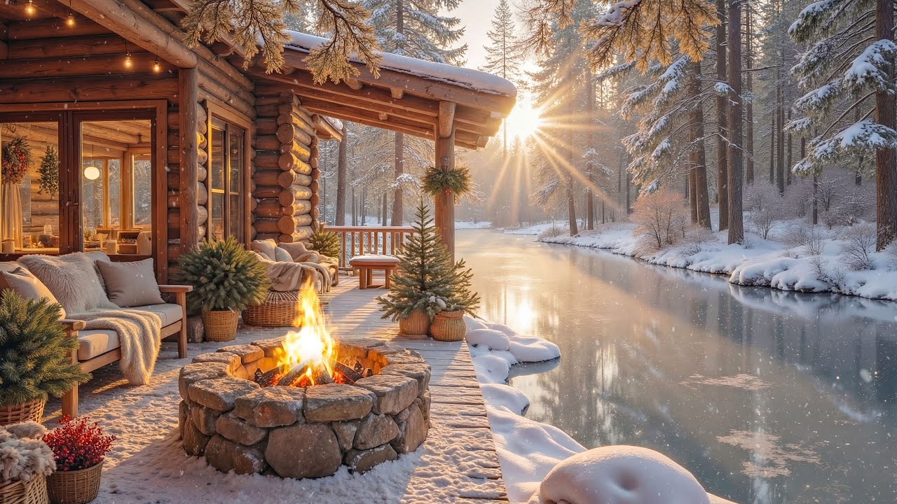 Умиротворяющая атмосфера на уютной веранде у озера 🔥❄️ Уютный камин у реки и спокойный снегопад