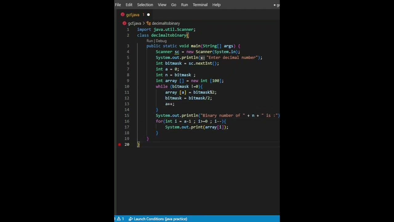 Codes to convert a decimal number into binary number in java #shorts ...