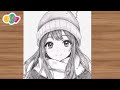 رسم انمي سهل جدا بالرصاص للمبتدئين تعلم كيفية رسم فتاة انمي ترتدي قبعة شتوية كيوت سهلة بالخطوات
