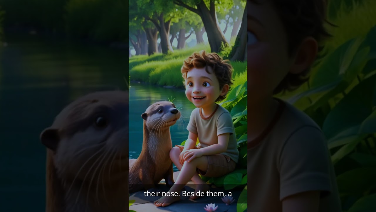 A child with a playful otter by the riverbank