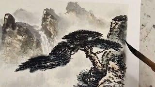 Mountains, waterfall and trees- Sumi-e Ink Painting