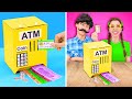 HOW TO MAKE DIY ATM BANK FROM CARDBOARD 📦 Rich vs Poor Parenting Hacks 😜 Ideas by 123 GO! TRENDS