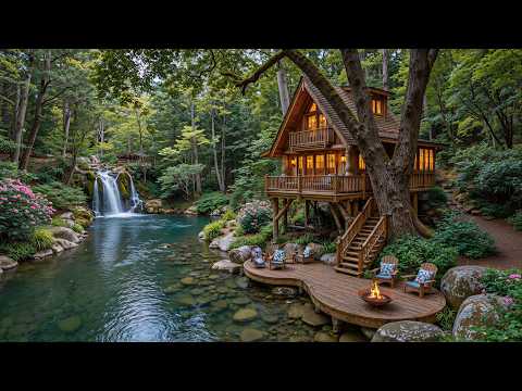 Soothing Summer Piano Music Riverside Cabin 🌿🔥 Crackling Campfire, Birdsong for Sleep