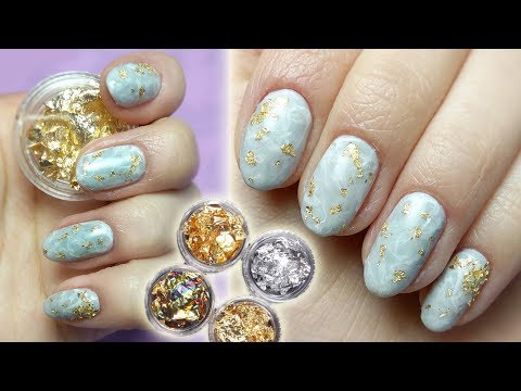 GREY MARBLE Nails w/Gold Leaf Flakes