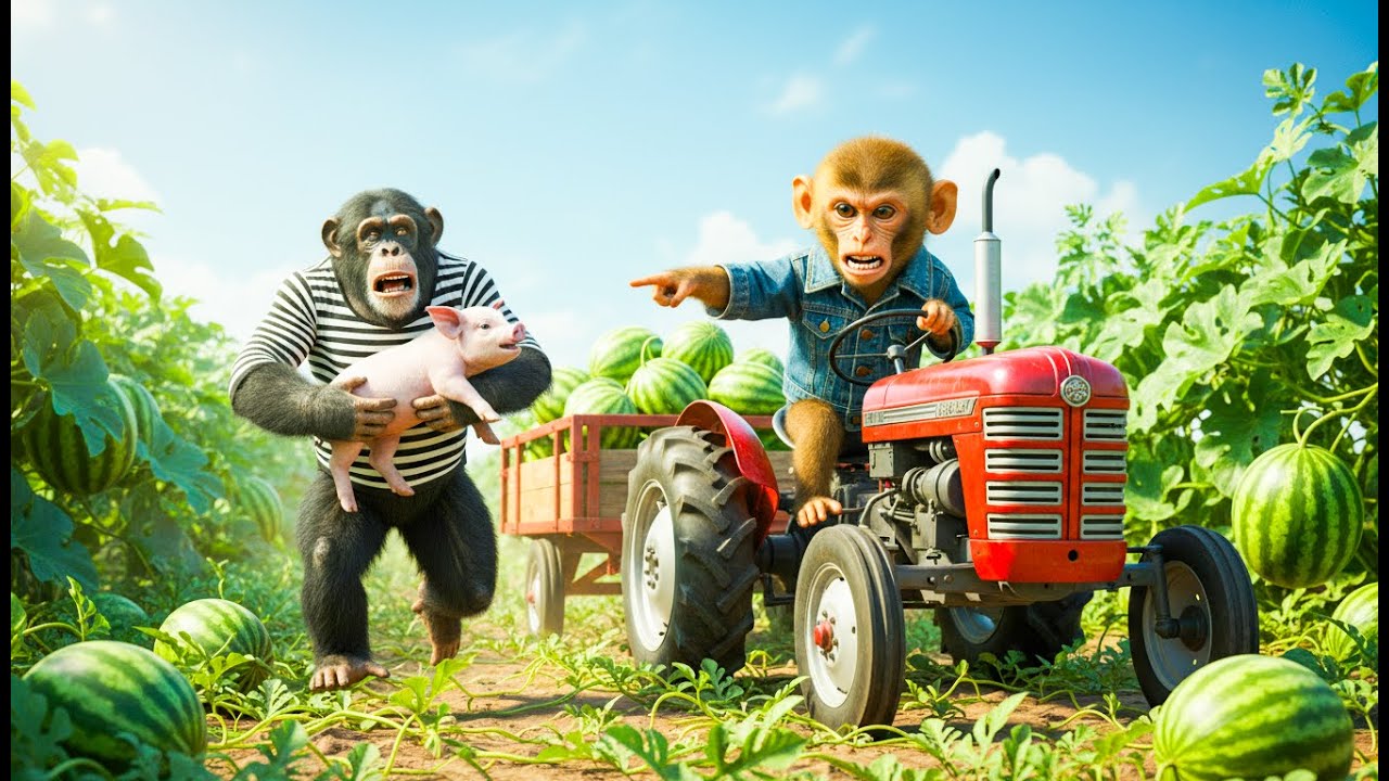 Milo the monkey drives a tractor harvesting watermelons and a thriving watermelon field awaits