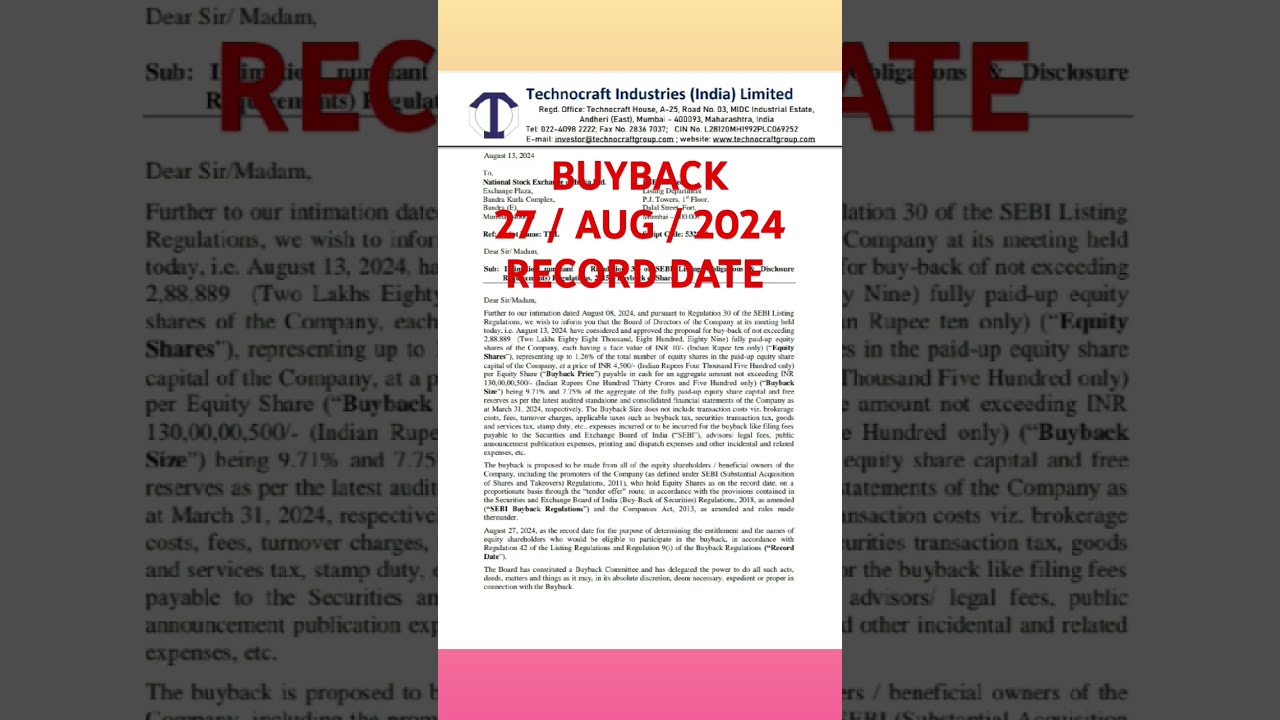  Buyback Technocraft Industries India Ltd Share Update Stockmarket Bse Nse Smju