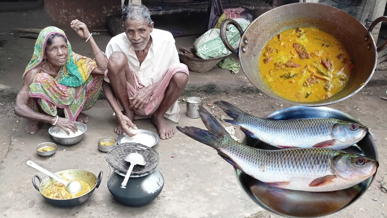 90years old grandma & grandpa cooking FISH CURRY with OL actual village life village