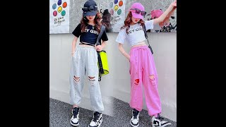 【2022 GW セール】【110-170】ストリート系 アルファベット ボウタイ 半袖 Tシャツ＋ダメージ加工 パンツ 夏 子供服 女の子 上下セット