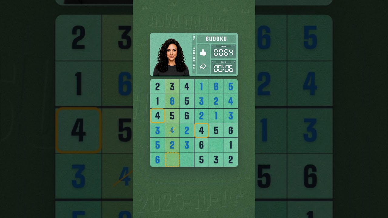 LinkedIn Mini Sudoku #64 solved board for October 14, 2025, 6x6 grid