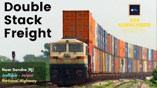 Fully Loaded Double Stack Container Train from WDFC Meets Delhi - Porbandar Exp in Beautiful Terrain