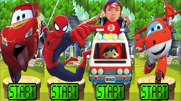 Super Wings Jett Run vs Tag with Ryan vs Lightning McQueen vs Spiderman Run - All Characters