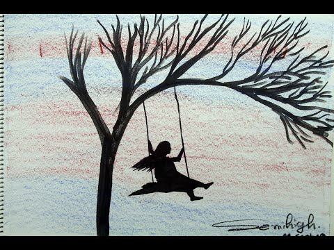 How to draw scenery of a girl swing on tree step by step