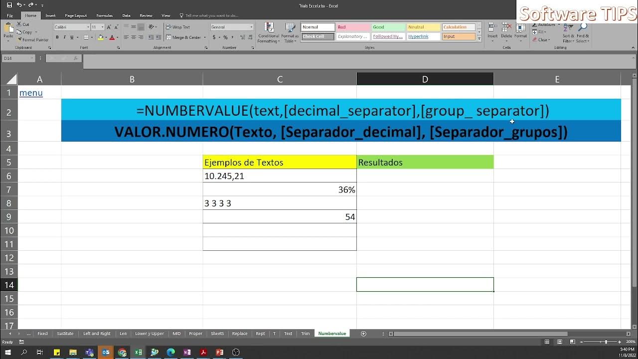 Función NUMBERVALUE en excel; Función VALOR.NUMERO en excel explicada a