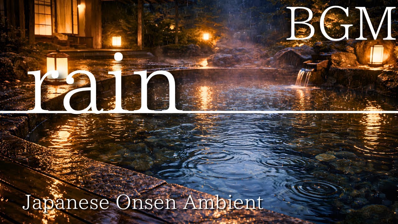 Japanese Onsen Night Rain & Steam | onsen ambience for Stress Relief, Meditation, Deep Sleep