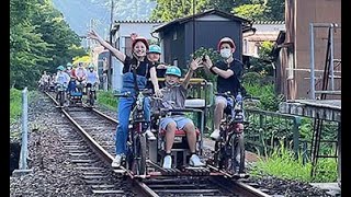 廃線跡のレールを自転車で　岐阜県飛騨市