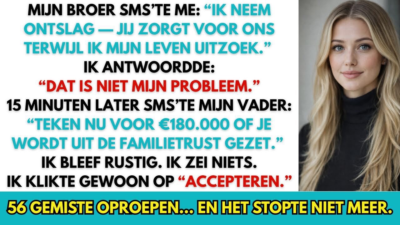 Die middag lichtte mijn telefoon op. Mijn broer: "Ik zeg mijn baan op. Jij zorgt voor ons." Ik staarde naar het scherm. Mijn vingers typten al voordat mijn schuldgevoel kon toeslaan: "Dat is niet...