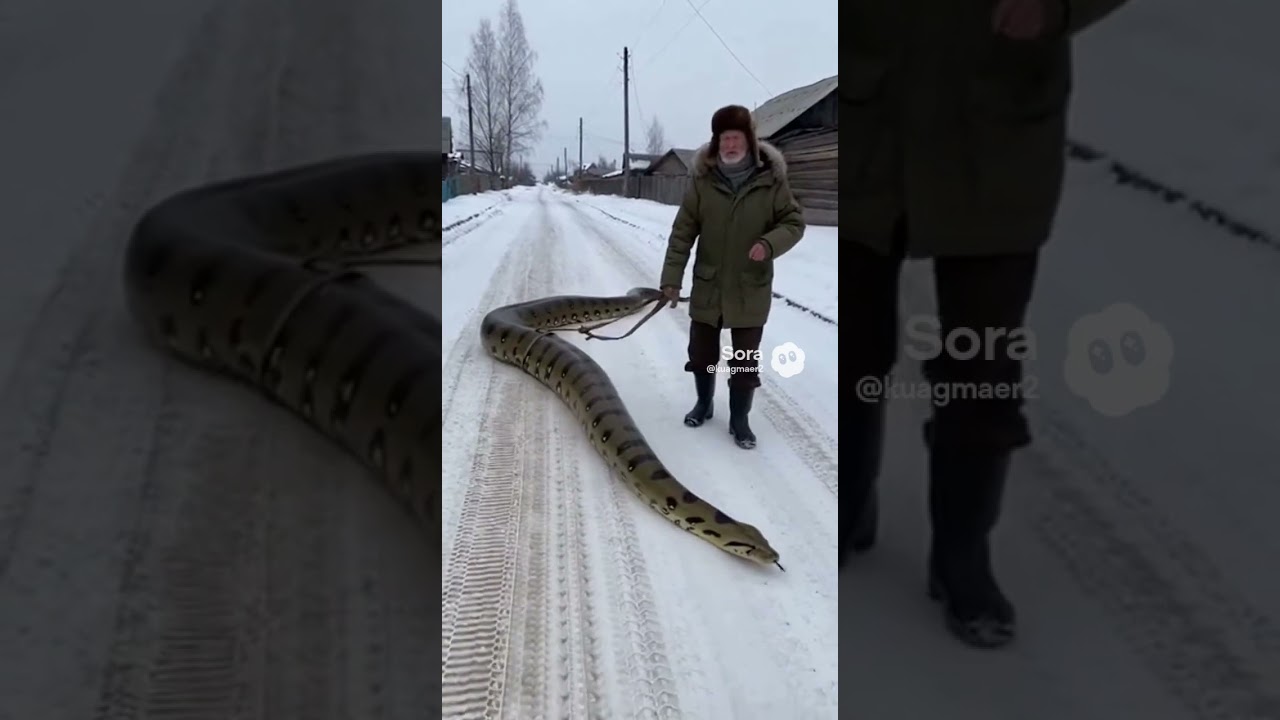 руская деревня дед гуляет с анакондой по деревне на поводку 
