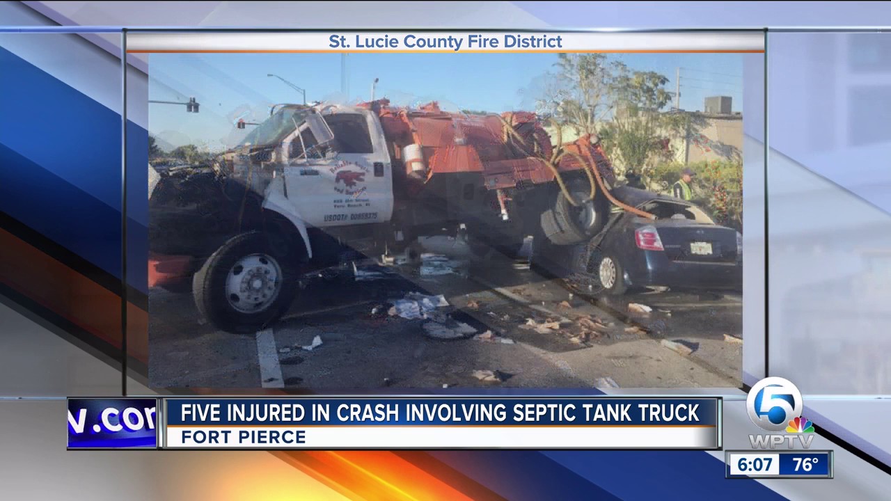Five injured in crash involving septic tank truck - YouTube