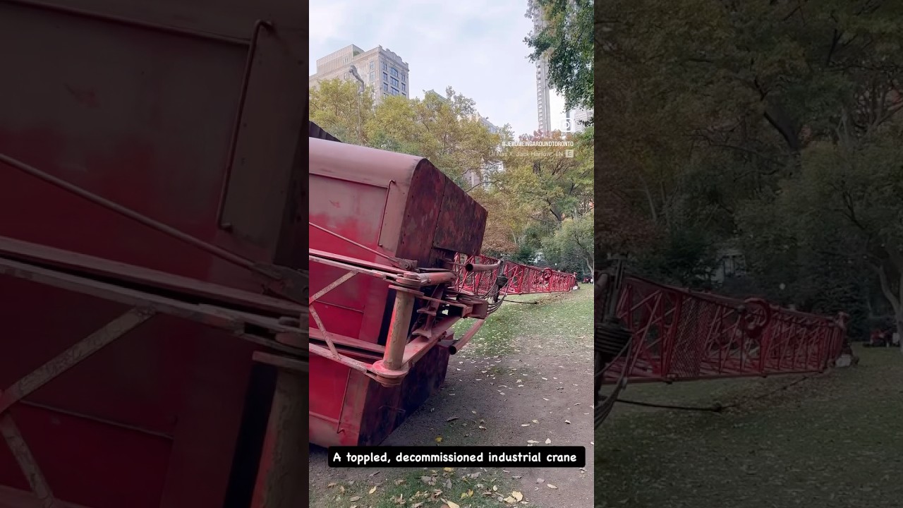 A toppled, decommissioned industrial crane: Fixed Crane 2024 public art by Nicole Eisenman